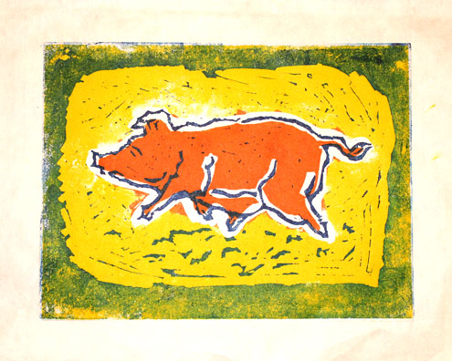 Pig Color Linocut Print