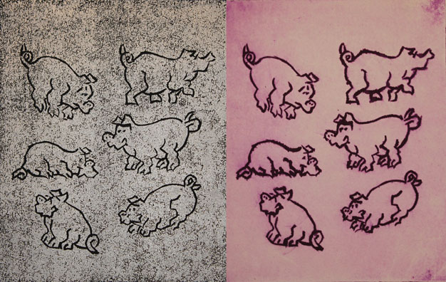 Pigs Block Print - Reverse Line and Block Intaglio